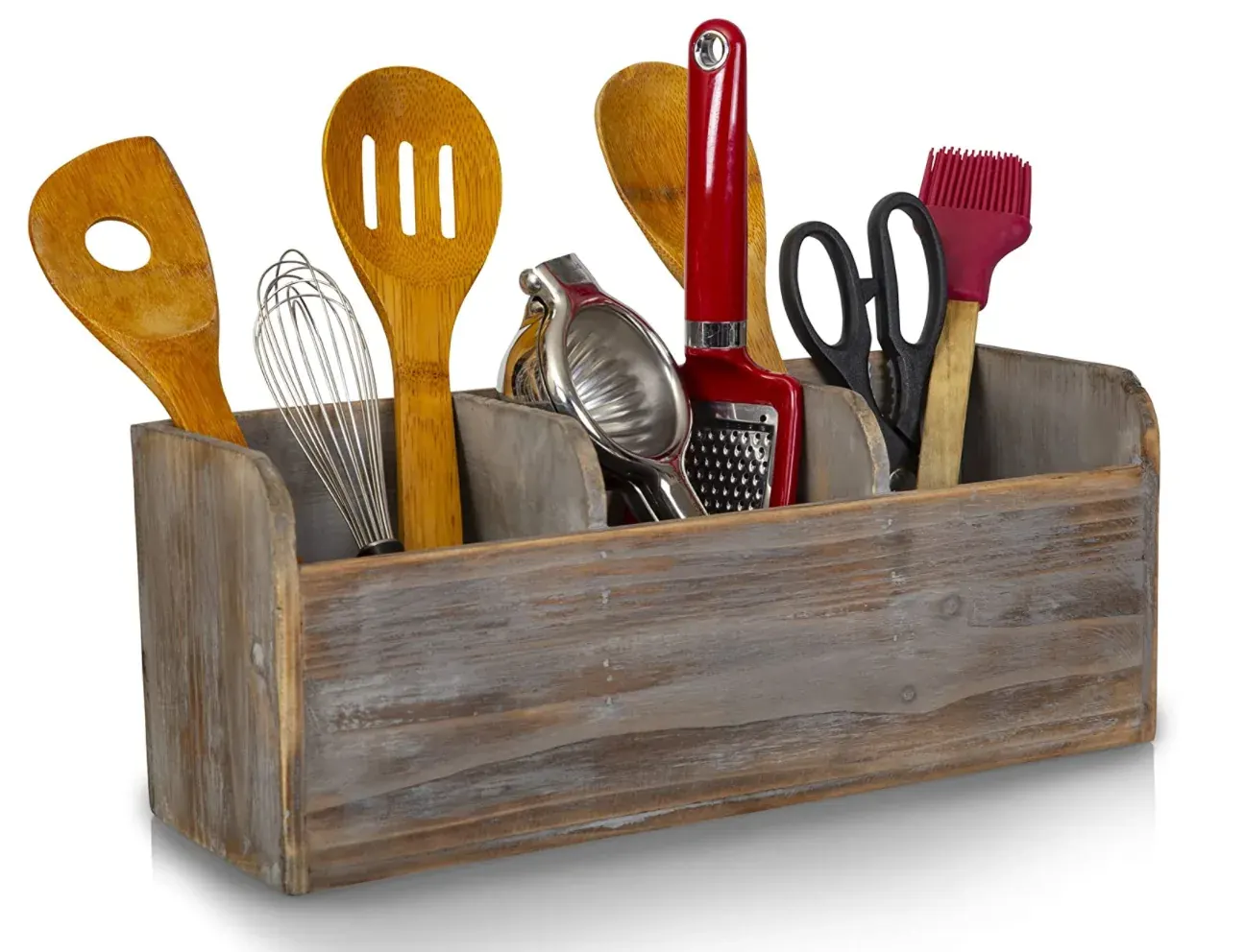 Rustic wooden kitchen caddy holding utensils whisks and scissors