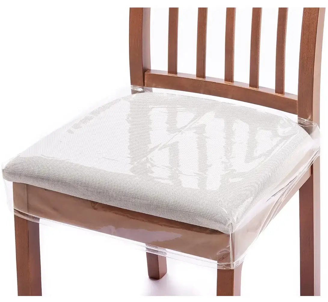 Clear vinyl seat cover fitted to a wooden dining chair