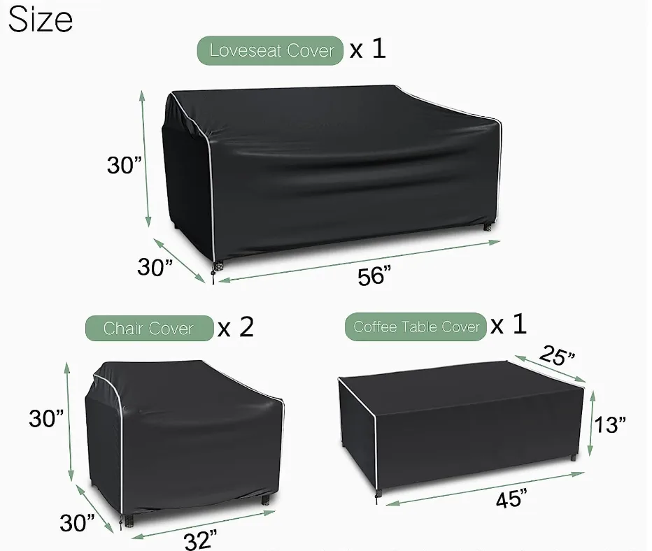 Size chart for the outdoor furniture cover set showing each piece and its dimensions