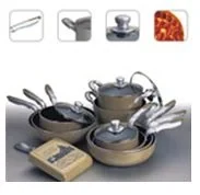 Enamel coated aluminium cookware set with lids shown with handle and coating detail insets