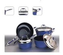 Blue forged aluminium cookware set with glass lids and detail insets of the base and rim