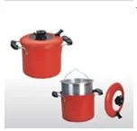 Red multi function aluminium pot with a steamer insert and a lid