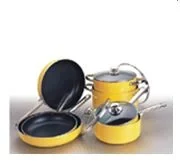 Yellow painted aluminium cookware set with a frypan casserole and stockpot with glass lids
