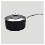 Black non stick aluminium saucepan with a long handle and a tempered glass lid