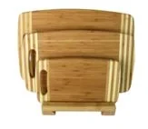 Second bamboo cutting board set variant with graduated boards in an upright bamboo stand