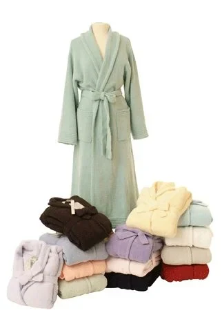 TW-145 pale green shawl collar bathrobe shown with folded robes in assorted colours