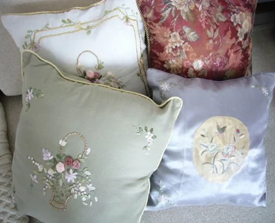 TD-085 pale green and lilac satin cushion covers with embroidered floral basket appliqué