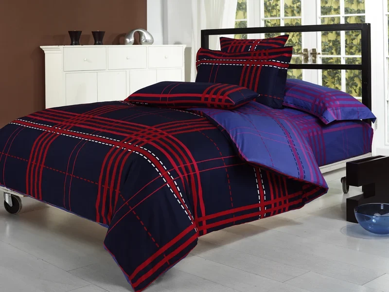 TD-269 navy and red check duvet cover set with piped cushions and a reversible face