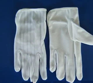 Pair of white lightweight inspection gloves with ribbed backs shown on a blue ground