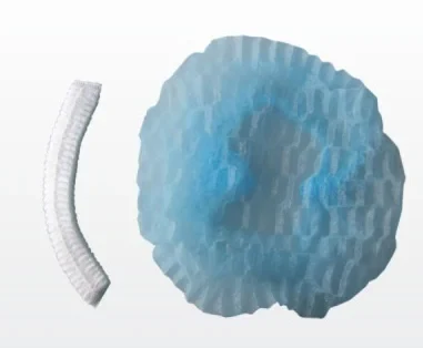 Blue nonwoven bouffant surgical cap shown with a white nonwoven strip cap