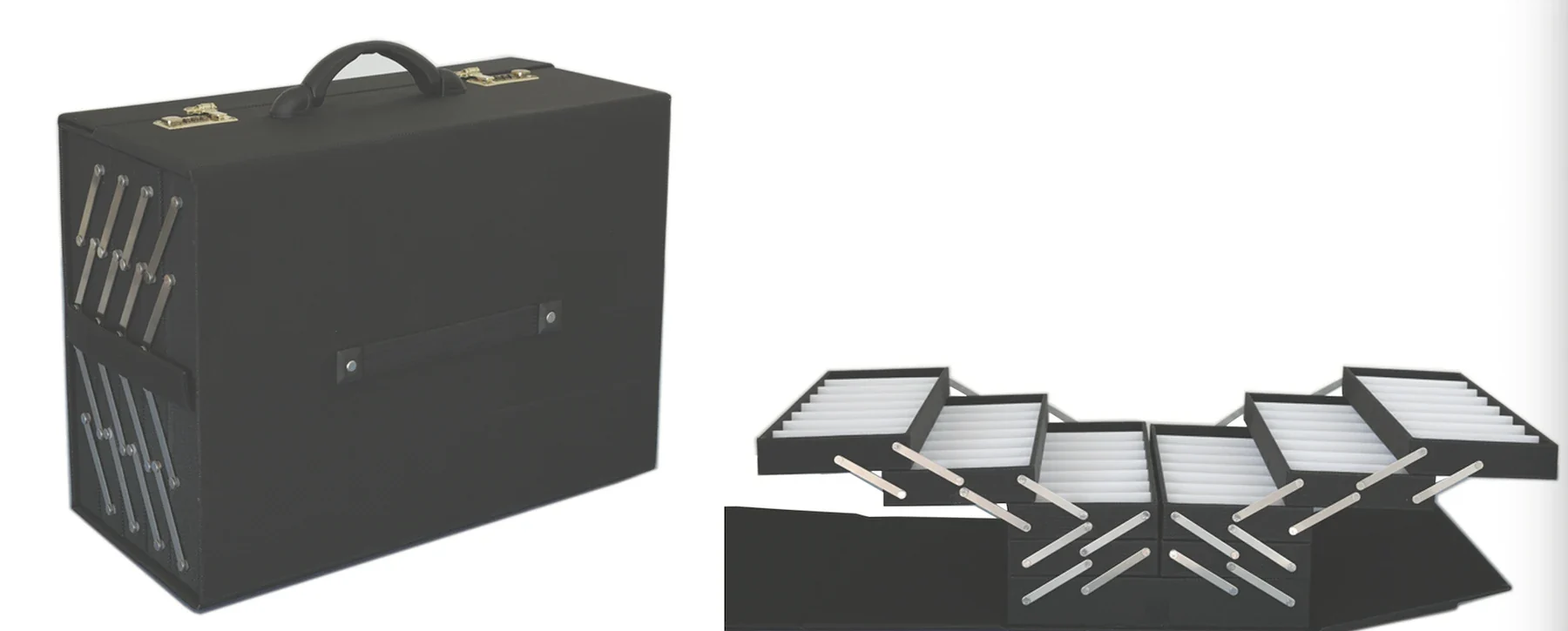 Black foldable eyewear display case unfolded into six white lined trays of optical frames