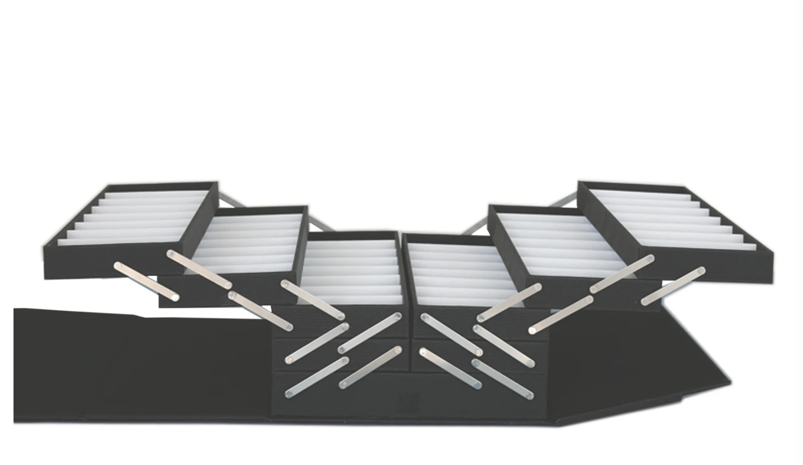Interior trays of a foldable eyewear display case holding rows of optical frames