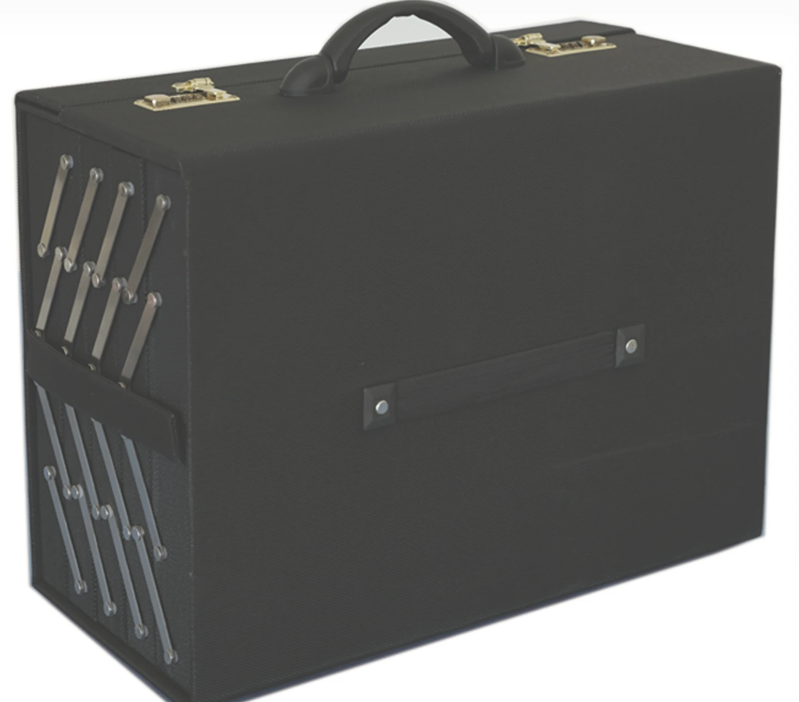 Black eyewear display case with gold hardware closed on a table