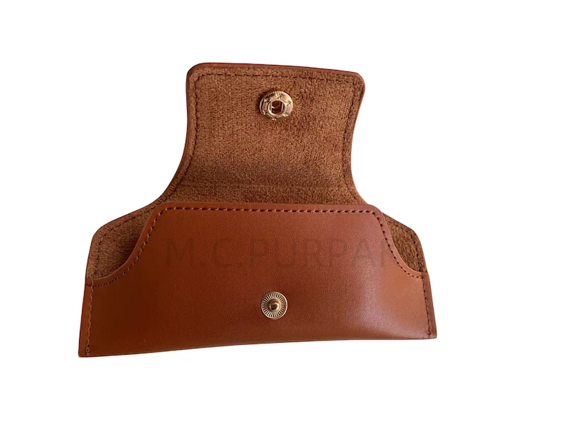 Tan PU leather sunglasses pouch open to show the suede lined interior