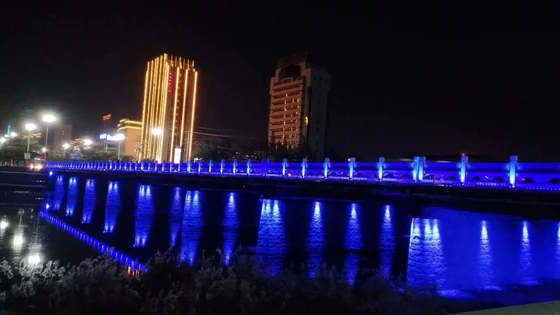 Blue lit bridge arches and deck over a city river at night