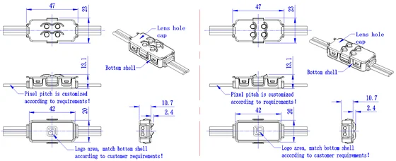 V020 LED DMX Pixel Light dimension drawing, connection diagram or application photo
