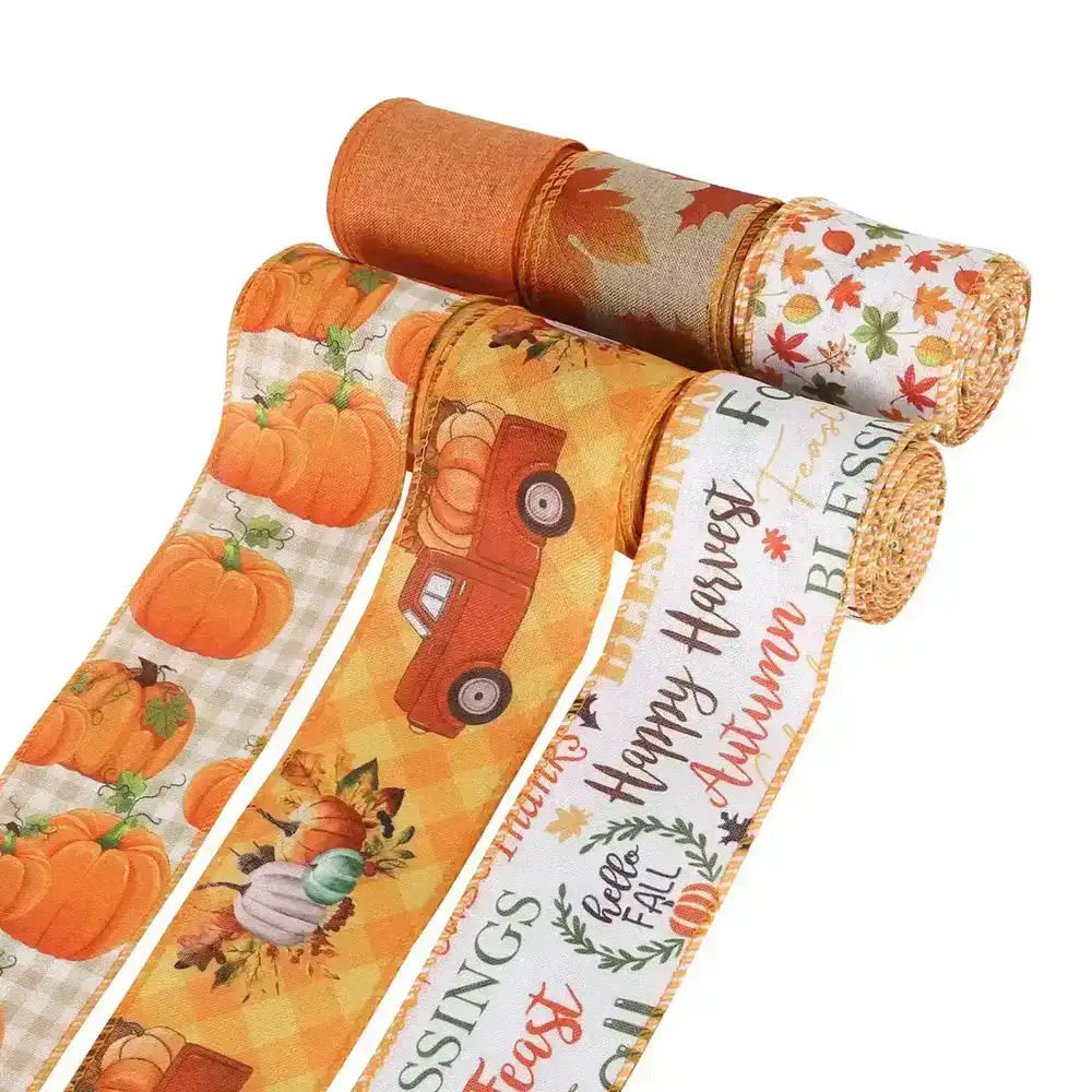 Thanksgiving Ribbon Autumn Harvest Theme Pumpkin Plaid Cock Decorative Polyester Ribbon 2 supplied by BY Boyuan