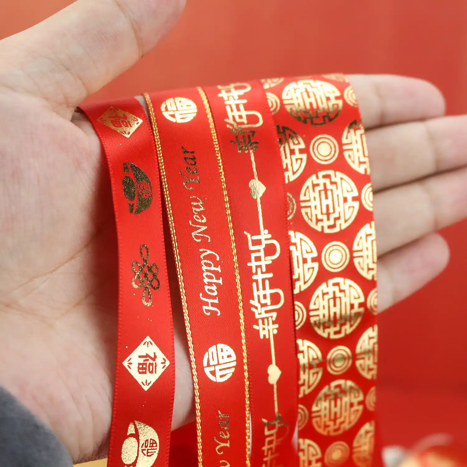 Year Festive Ribbon Bronzing Happy Word with Red Wedding Polyester Ribbon 3 supplied by BY Boyuan