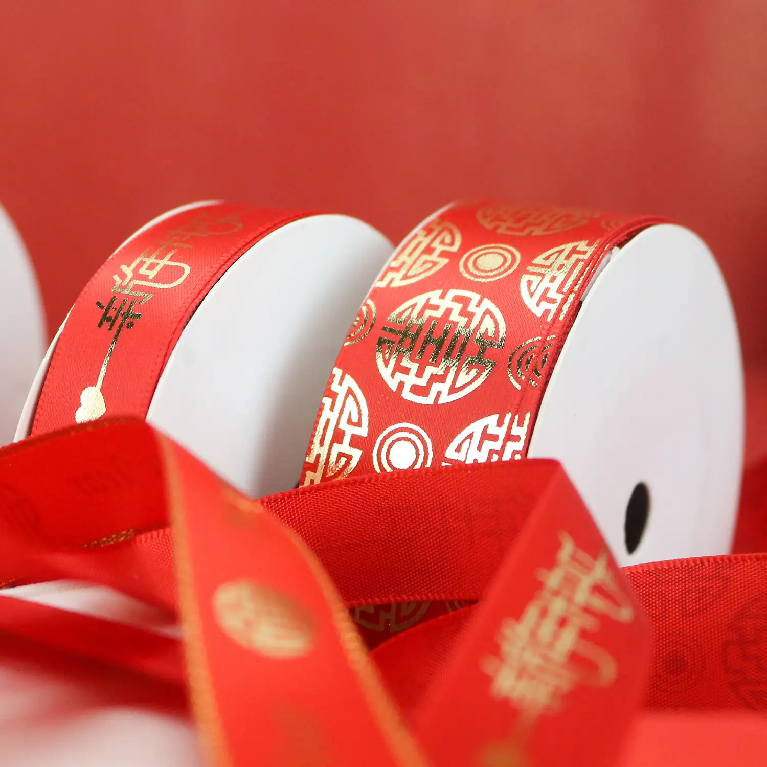 Year Festive Ribbon Bronzing Happy Word with Red Wedding Polyester Ribbon 2 supplied by BY Boyuan