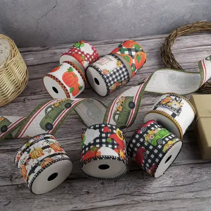 63mm Wide Iron Wire Edge Kaoke Ribbon Thanksgiving Pumpkin detail view 3