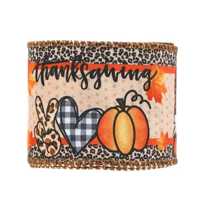 Thanksgiving Ribbon 63mm Wire Edge Imitation Linen Khao Ke detail view 3