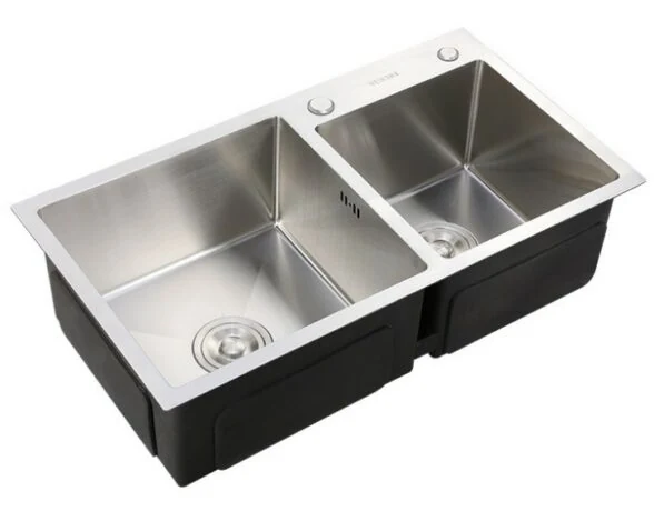 Double bowl topmount stainless steel sink with a rear tap ledge