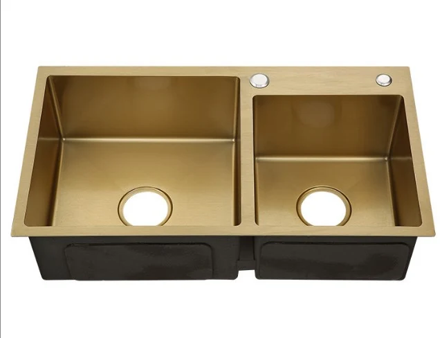 Double bowl topmount sink in a gold PVD finish