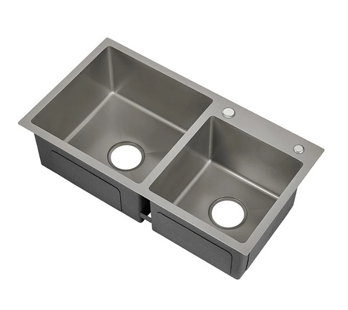 Double bowl topmount sink in a brushed stainless finish