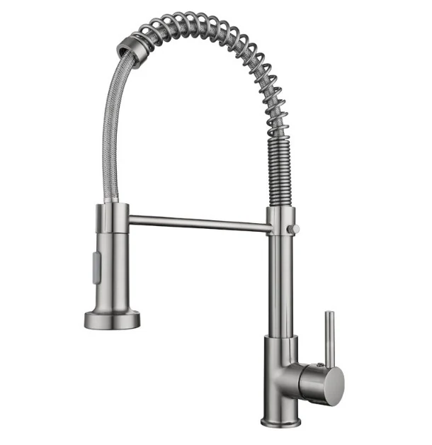 Brushed spring arm kitchen mixer with a pull-down spray head and pot filler spout