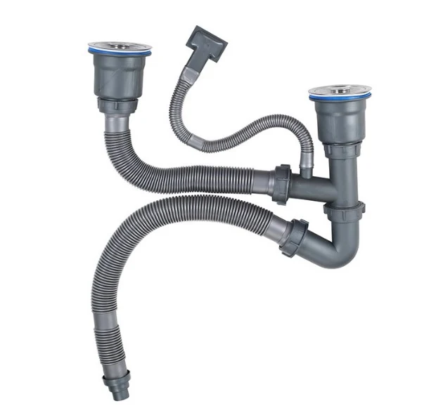 Double bowl sink waste kit with two stainless strainers and flexible siphon pipes