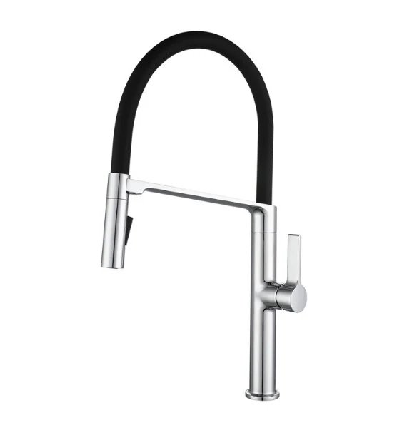 Magnetic docking pull-down kitchen faucet with a black flexible hose