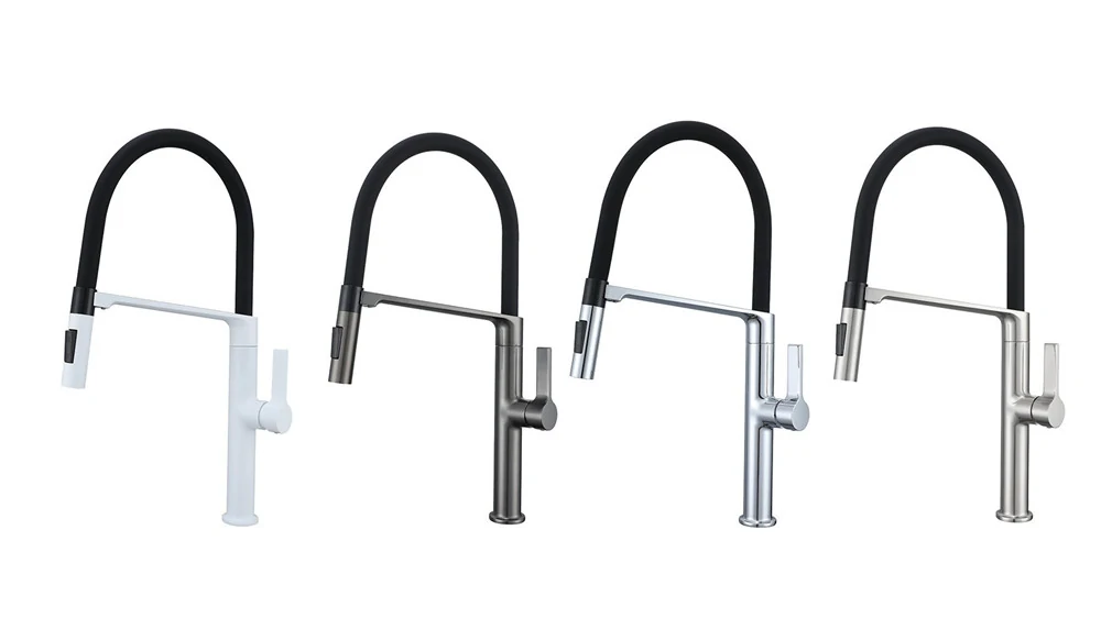 Magnetic hose kitchen faucet shown in white, black, chrome and grey finishes