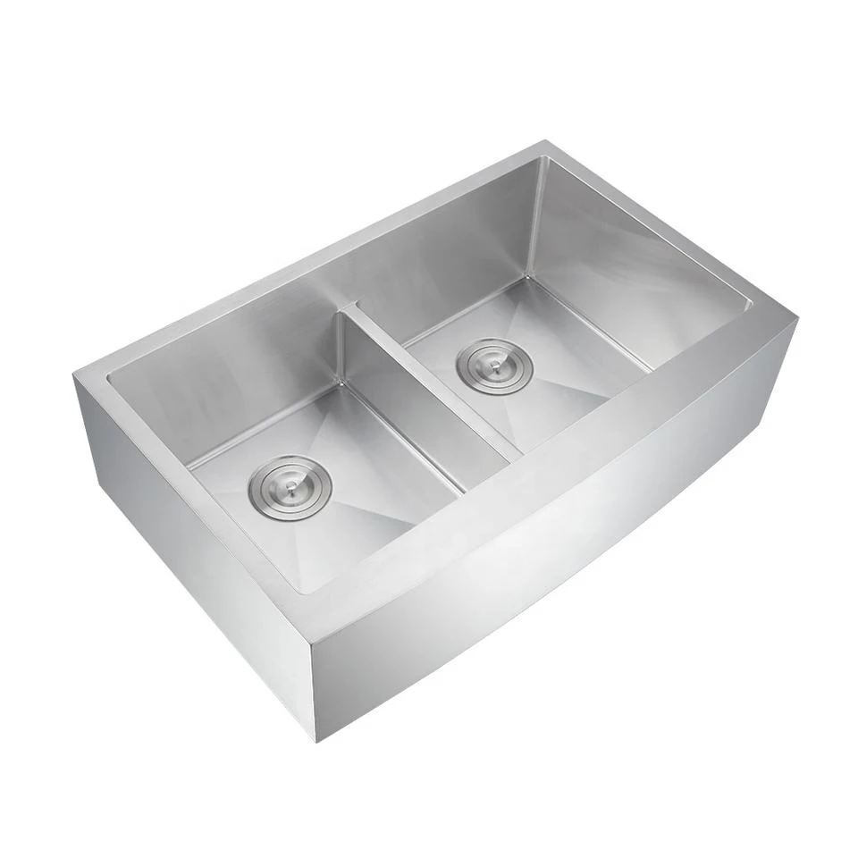 Double bowl stainless steel farmhouse sink with a flat apron front