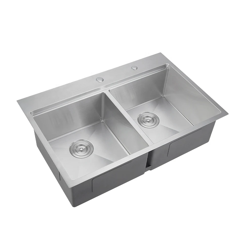 Brushed stainless double bowl sink with a low central divider