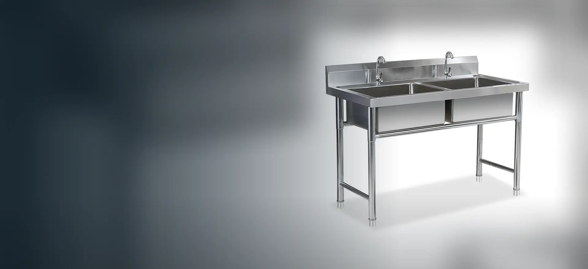 Free-standing stainless steel double wash trough on legs for commercial kitchens