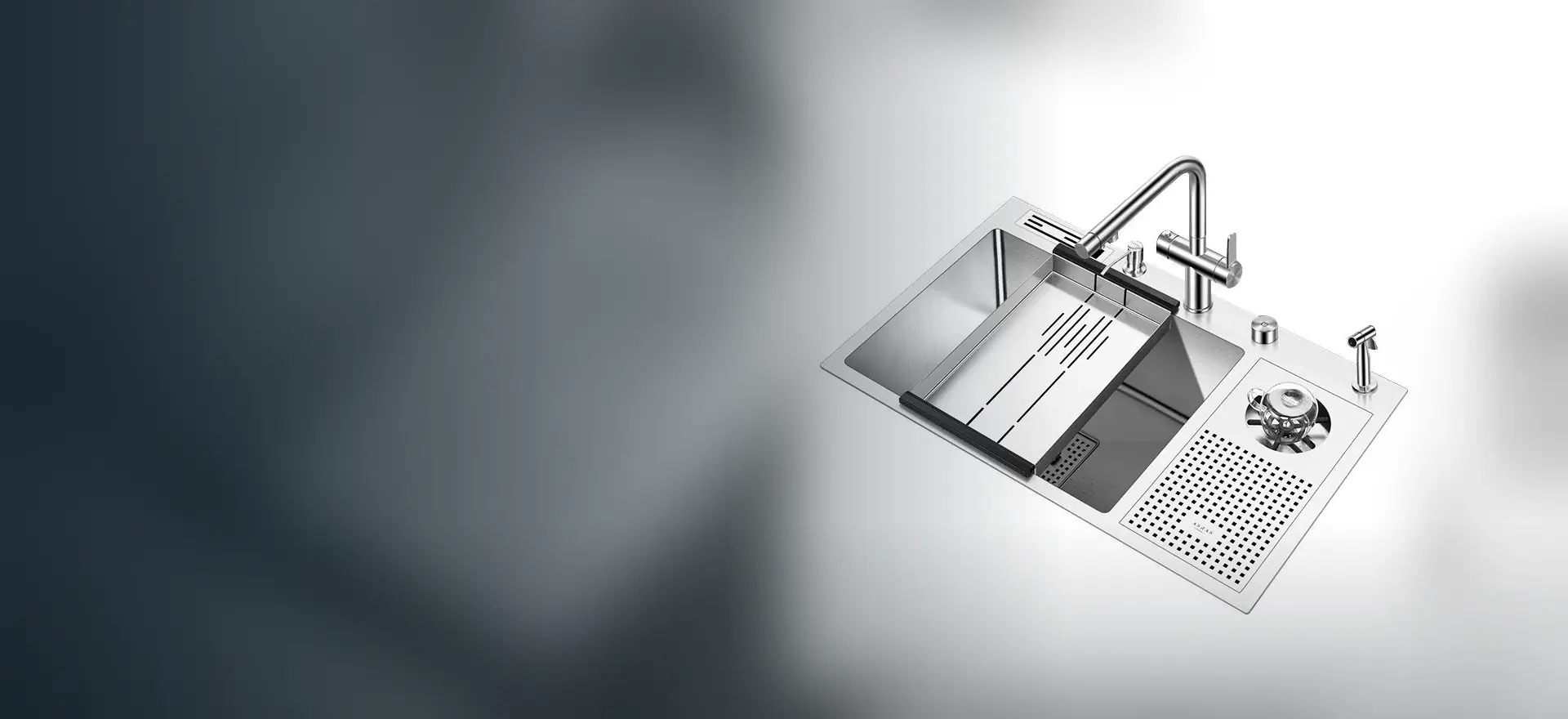 Stainless steel workstation sink with cutting board, colander and mixer tap