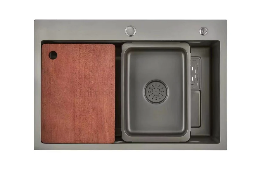 Workstation sink with a hardwood board and a perforated drainer over the bowl