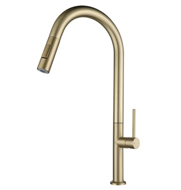 Brushed gold pull-down kitchen mixer with a slim lever handle