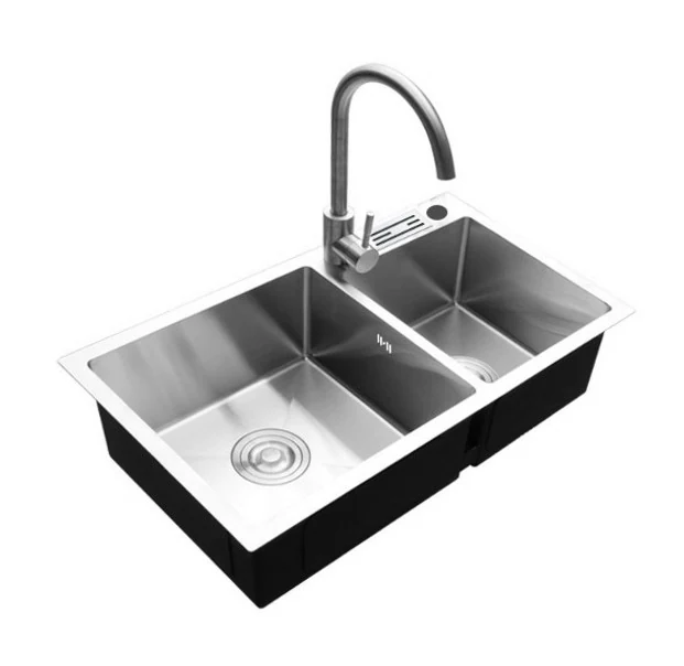Double bowl topmount sink fitted with a chrome gooseneck kitchen mixer