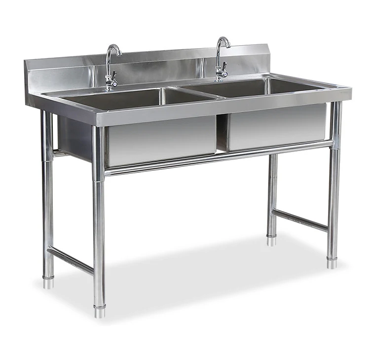 Free-standing double bowl stainless wash trough on tubular legs