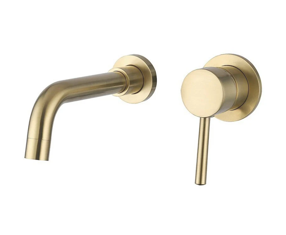 Brushed gold wall mounted basin mixer with a separate spout and control