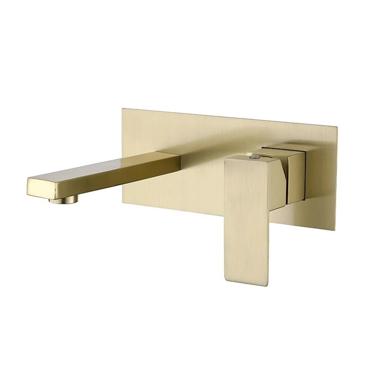 Brushed gold wall mounted basin spout on a rectangular backplate