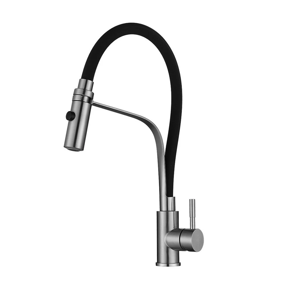 Black flexible hose kitchen faucet with a pull-down spray head