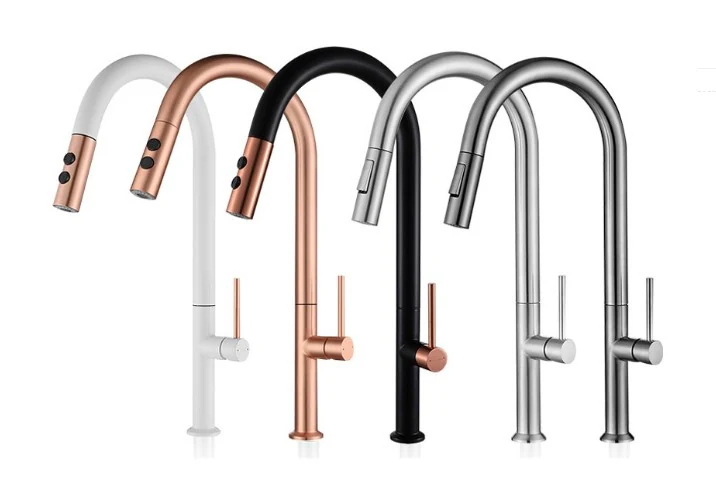Kitchen mixer body shown in white, rose gold, black and chrome finishes