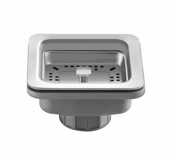 Square stainless steel sink strainer body with a removable basket