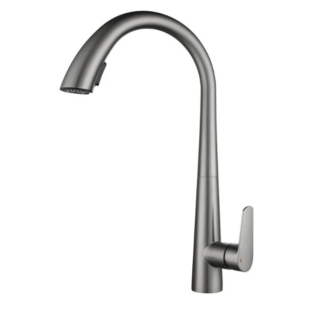 Brushed nickel pull-down kitchen mixer with a curved spout