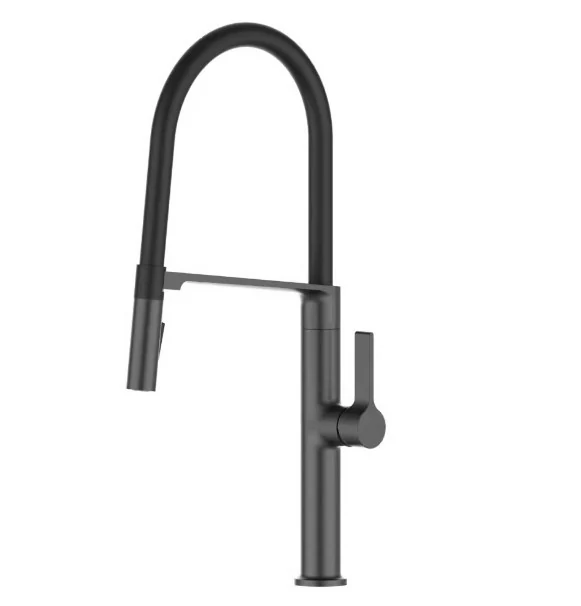 Matt black spring arm kitchen faucet with a flexible hose