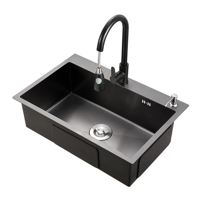 Single bowl topmount sink in a black nano finish with a black mixer