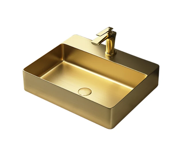 Gold PVD counter-top basin shown with a matching wall spout