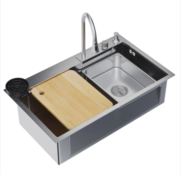 Workstation sink with a hardwood board, colander and top loading waterfall faucet